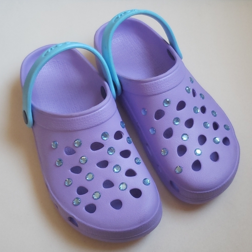 CNY 9 purple and blue with rhinestone clogs